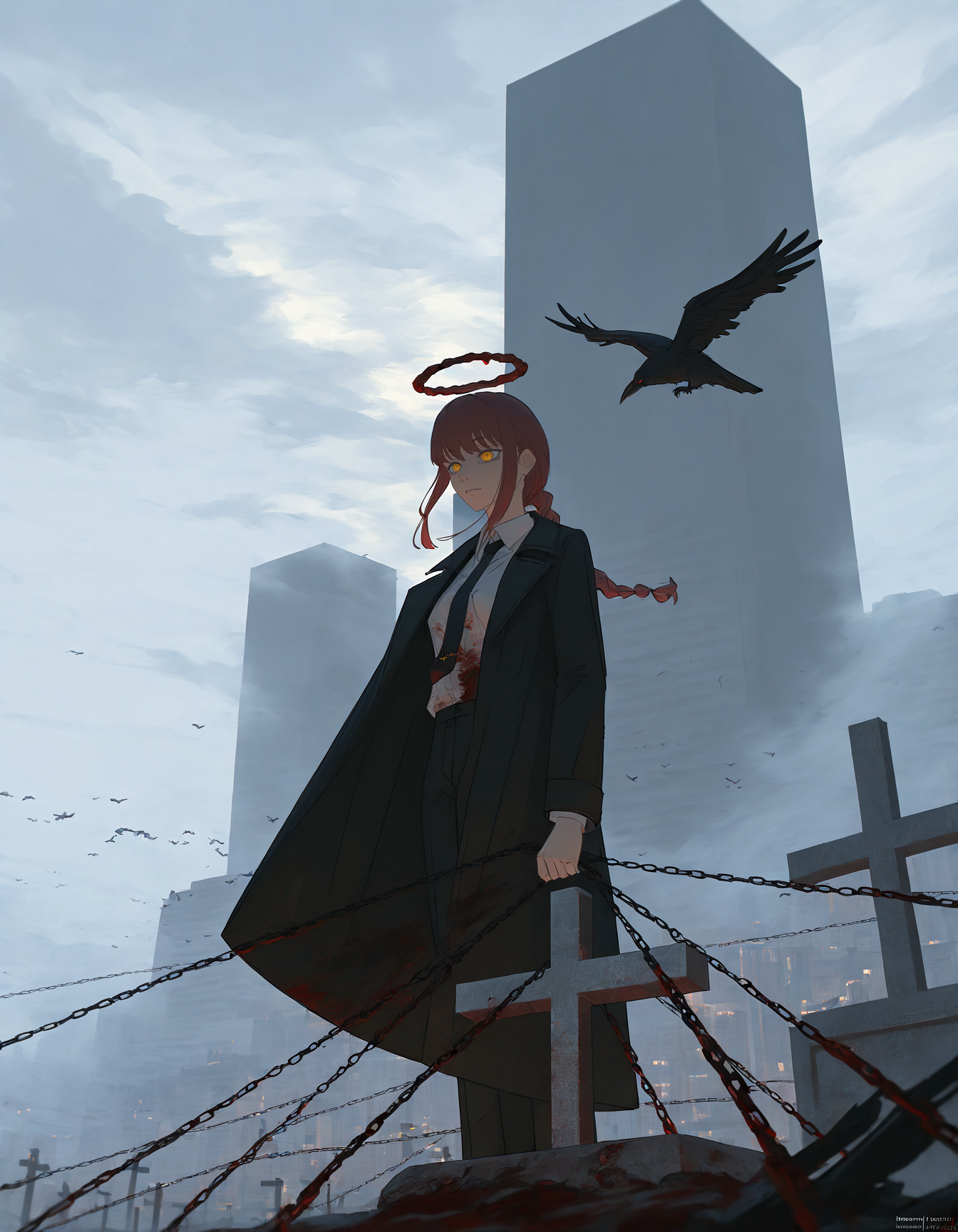 makima \(chainsaw man\), chain, 1girl, building, black necktie, pants, bird, black pants, suit, formal, red hair, braided ponytail, solo, blood on clothes, outdoors, tombstone, cross, crow, sky, white shirt, standing, skyscraper, necktie, collared shirt, grey sky, shirt, blood, graveyard, braid, city, artist name, ringed eyes, long hair, jacket, black coat, black jacket, wide shot, scenery, yellow eyes, holding, cloud, sidelocks, halo, cloudy sky, coat, fog, long sleeves, suit jacket, <lora:void_0:0.7>, void 0