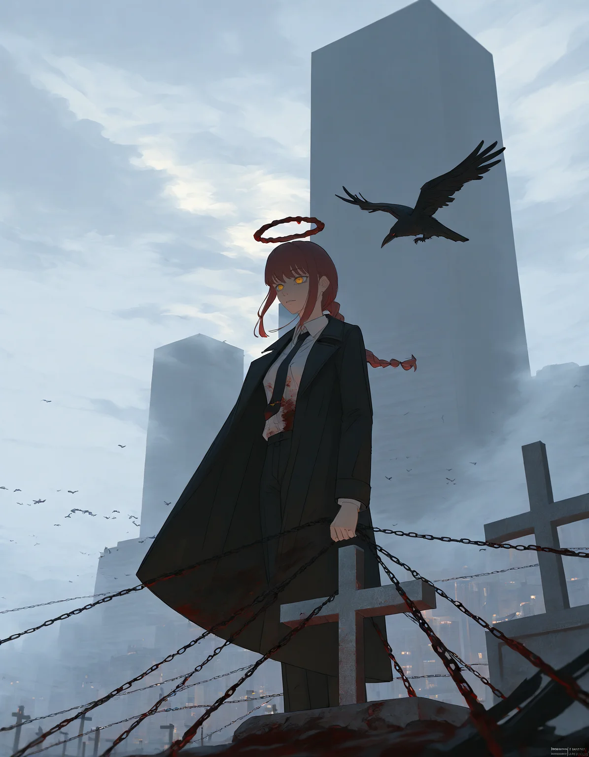 makima \(chainsaw man\), chain, 1girl, building, black necktie, pants, bird, black pants, suit, formal, red hair, braided ponytail, solo, blood on clothes, outdoors, tombstone, cross, crow, sky, white shirt, standing, skyscraper, necktie, collared shirt, grey sky, shirt, blood, graveyard, braid, city, artist name, ringed eyes, long hair, jacket, black coat, black jacket, wide shot, scenery, yellow eyes, holding, cloud, sidelocks, halo, cloudy sky, coat, fog, long sleeves, suit jacket, <lora:void_0:0.7>, void 0
