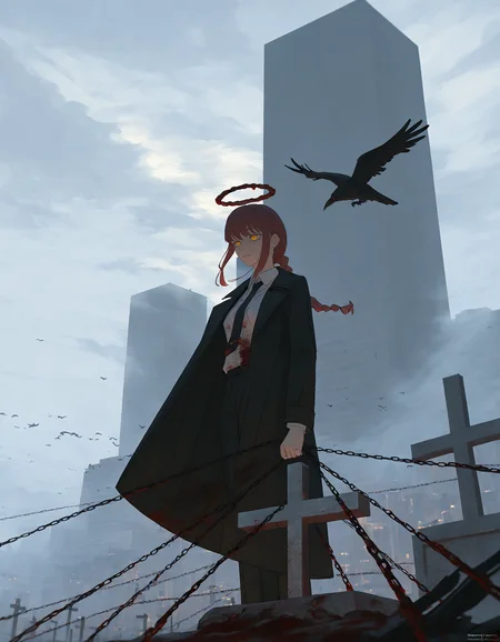 makima \(chainsaw man\), chain, 1girl, building, black necktie, pants, bird, black pants, suit, formal, red hair, braided ponytail, solo, blood on clothes, outdoors, tombstone, cross, crow, sky, white shirt, standing, skyscraper, necktie, collared shirt, grey sky, shirt, blood, graveyard, braid, city, artist name, ringed eyes, long hair, jacket, black coat, black jacket, wide shot, scenery, yellow eyes, holding, cloud, sidelocks, halo, cloudy sky, coat, fog, long sleeves, suit jacket, <lora:void_0:0.7>, void 0