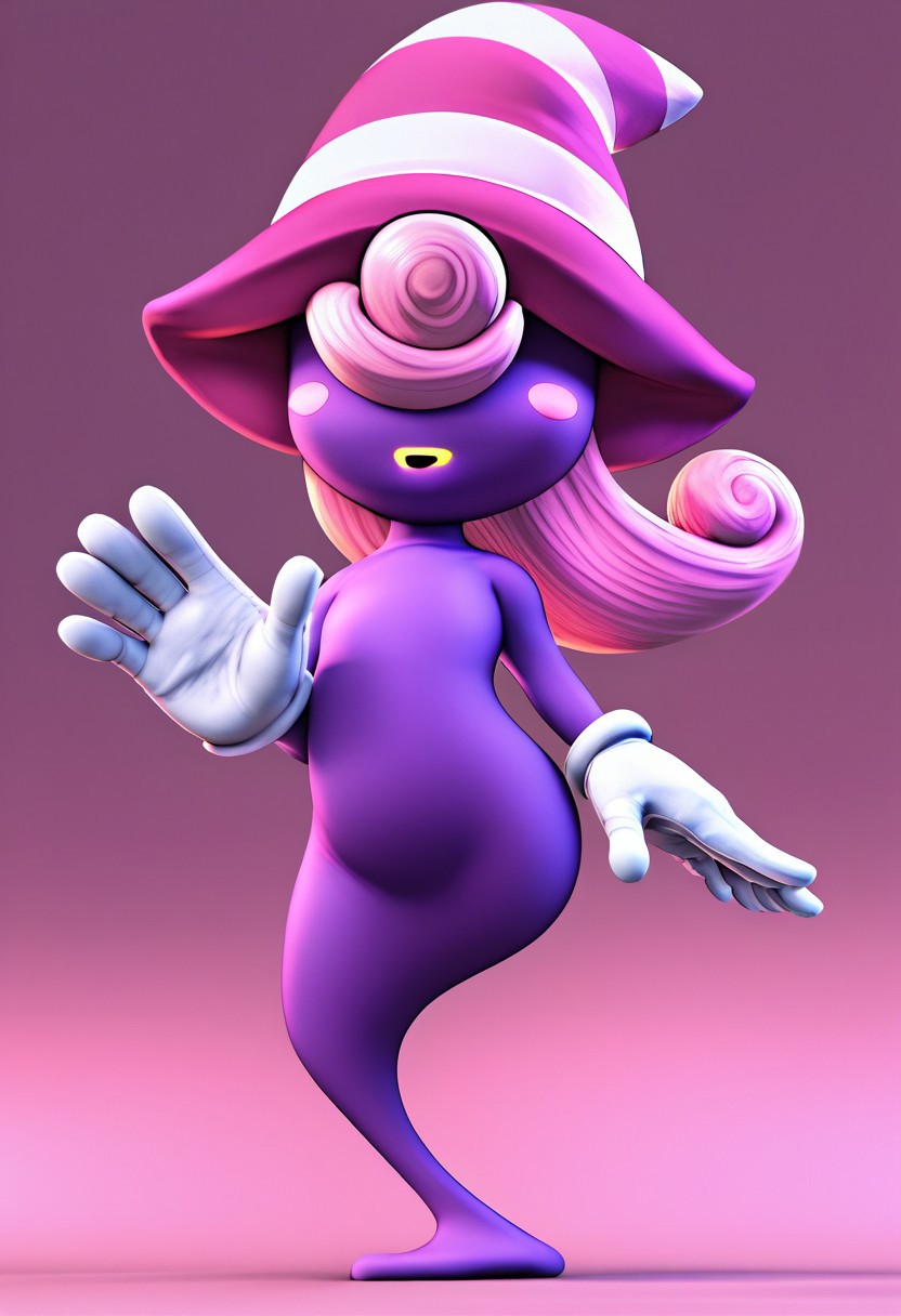 score_9,score_8_up,score_7_up, smashbrosbrawl, polygonal, 3d, full body, expressive eyes, perfect face, perfect hands, purple body, ghost, pink hair, long hair, pink hat, witch hat, gloves, no legs, vivian_(\paper_mario\), waving hand