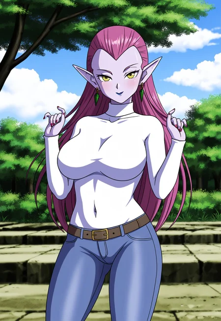 safe_pos,
score_9, score_8_up, masterpiece, stunning realistic, best quality, sharpness, easynegative, ng_deepnegative_v1_75t, negative_hand,perfect hands,perfect fingers,1 girl,middle large breasts,cocottedbs, very long hair, yellow eyes, purple hair, earrings, pointy ears, purple skin,cropped knitted sweater ,belt,jeans,standing in a garden