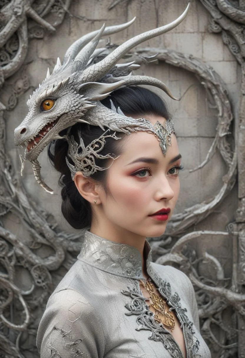 An elegant Asian woman with fair skin and a sophisticated appearance is intimately entwined with a majestic silver dragon. Her poised profile shows soft facial features, dark arched eyebrows, and full red lips. Her raven-black hair transitions into a chic updo at the back with a large, ornate dragon-scale hair accessory that mimics a dragon's head crest. Intricate silver dragon-themed jewelry adorns her ears. She possesses a slender neck and shoulders, exuding grace and strength. The silver dragon is a centerpiece, featuring a plethora of finely detailed scales and multiple serpentine heads with sharp features, reminiscent of ancient Eastern dragon depictions. The dragon's eyes are keen and yellow, with slit pupils, set in fierce, intelligent faces. Its horns and spines carry the same elaborate patterning found in the woman's headdress, indicating a shared affinity. The background is minimalistic, casting focus onto the subjects, and the image carries a color palette dominated by silver, gray, and hints of muted ivory, evoking an ethereal atmosphere. The composition conveys a narrative of unity and power between human and mythical creature, blending reality with fantasy in seamless harmony. English pastoral cottage exterior, twilight, ultra-surreal, Nikon D850, emotional, sublime, dynamic composition, angle view, vintage colors, vintage, ultra-clear, wide angle shot,elegant figure of a ballerina