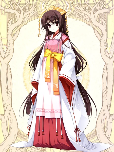 <lora:sakuyahime-tenshin-000009:1>,
il-unohana-sakuya,1girl,ukami outfit,solo,japanese clothes,brown hair,
very long hair,yellow bow on waist,ribbon-trimmed sleeves,miko,pink wide shoulder strap out layer,white outer long under layer,elegant white gown with a trailing hem,red layer skirt inner,
<lora:add-detail-xl:1>,<lora:ponyv4_noob1_2_adamW-000017:0.8>,wear clothes,