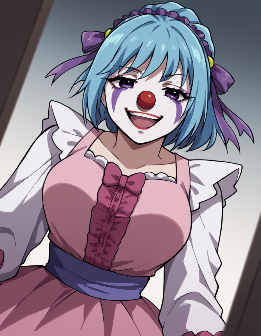 score_9, score_8_up, score_7_up, source_anime, <lora:kurumu-kurono-s2-ponyxl-lora-nochekaiser:1>, kurumu kurono, short hair, blue hair, purple eyes, ponytail, ribbon, hair ribbon, hair ornament, large breasts,, <lora:clown-ponyxl-lora-nochekaiser:1>, clown, makeup, clown nose, facepaint, gloves, long sleeves, frills, dress,, smile, open mouth, smug, , dutch angle, cowboy shot