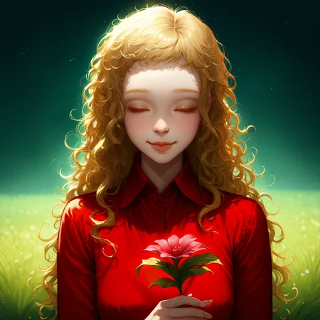 masterpiece, best quality, very aesthetic, kukrushka, 1girl, blonde hair, long hair, grey eyes, solo, lips, wavy hair, red dress, young, (realistic:0.1), 1 girl playing with flowers in a lush green field, full of vibrant grass, exuding a sense of harmony, with closed eyes and a gentle smile, sunlight filtering through the leaves, digital art, intricate details, soft colors, whimsical atmosphere, by Artgerm and Loish, high resolution, serene lighting, masterpiece quality