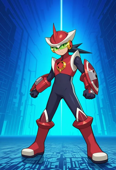 masterpiece,best quality,amazing quality BREAK megaman.exe,protoman.exe,double soul \(mega man\),1boy,male focus,solo,helmet,standing,bodysuit,armor,red footwear,full body,boots,looking at viewer,legs apart,clenched hands,green-tinted eyewear,red helmet,black bodysuit,closed mouth,gloves,shield,arm shield,netnavi,assault visor,tinted eyewear,cyber world,<lora:Proto_Soul_V1-1:1>,official art,