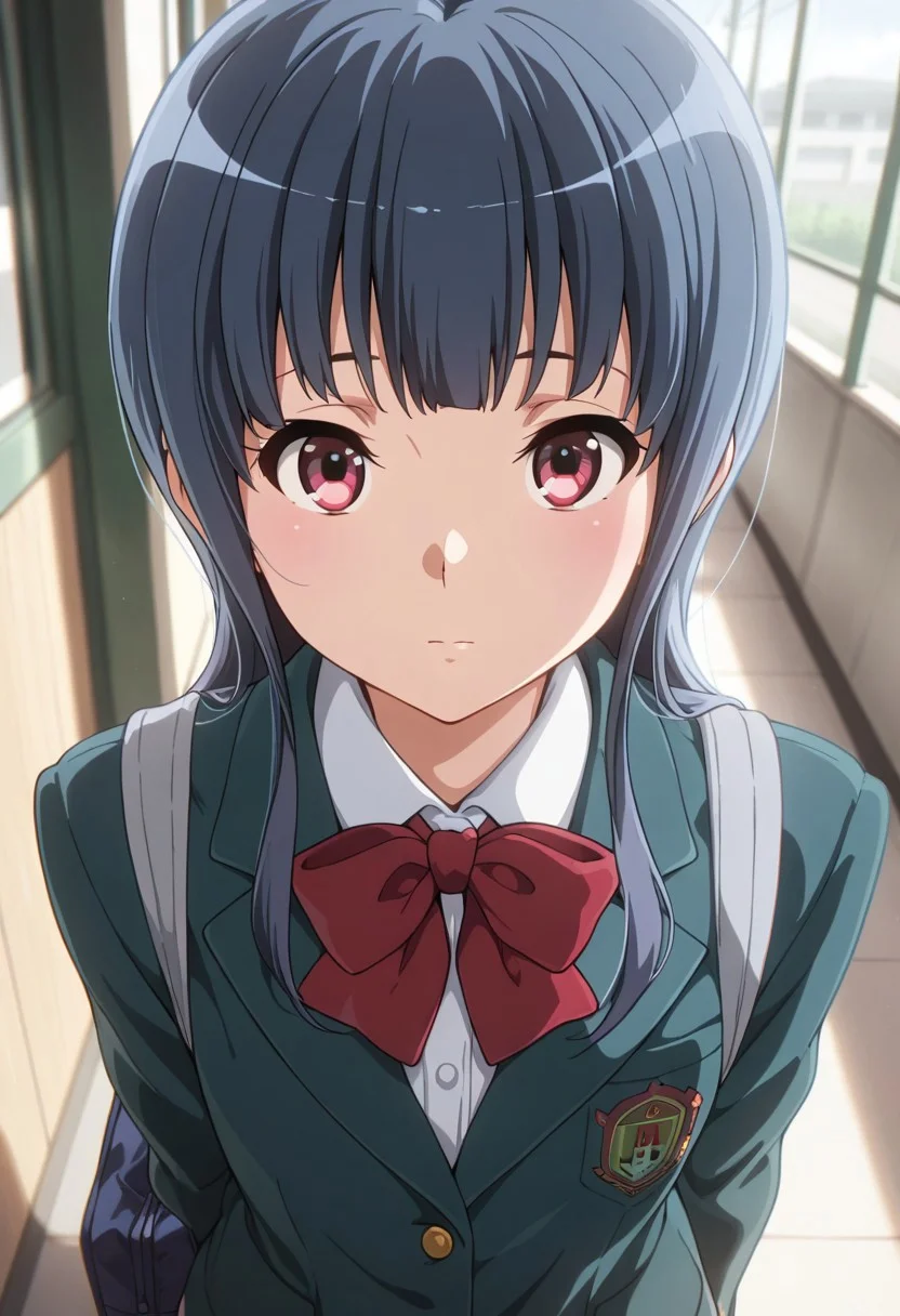 masterpiece,best quality,amazing quality, yoroizuka mizore, long hair, light blue hair, cherry-red eyes, 1girl, solo, red bow, bag, jacket, blazer, white shirt, shirt, bow, closed mouth, school uniform, looking at viewer, long sleeves