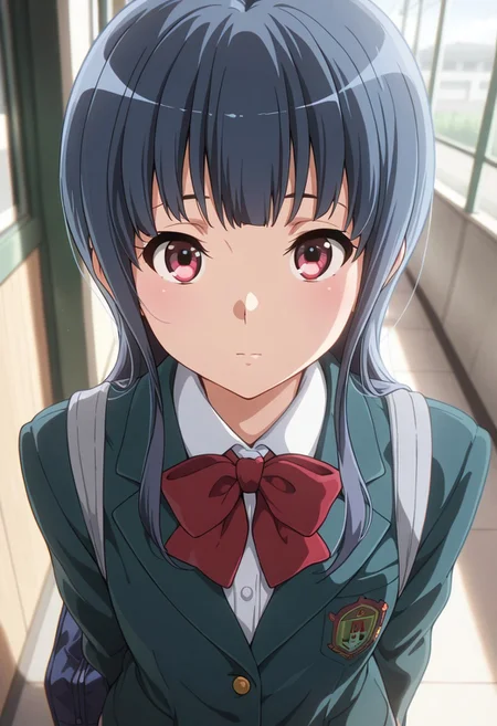 masterpiece,best quality,amazing quality, yoroizuka mizore, long hair, light blue hair, cherry-red eyes, 1girl, solo, red bow, bag, jacket, blazer, white shirt, shirt, bow, closed mouth, school uniform, looking at viewer, long sleeves