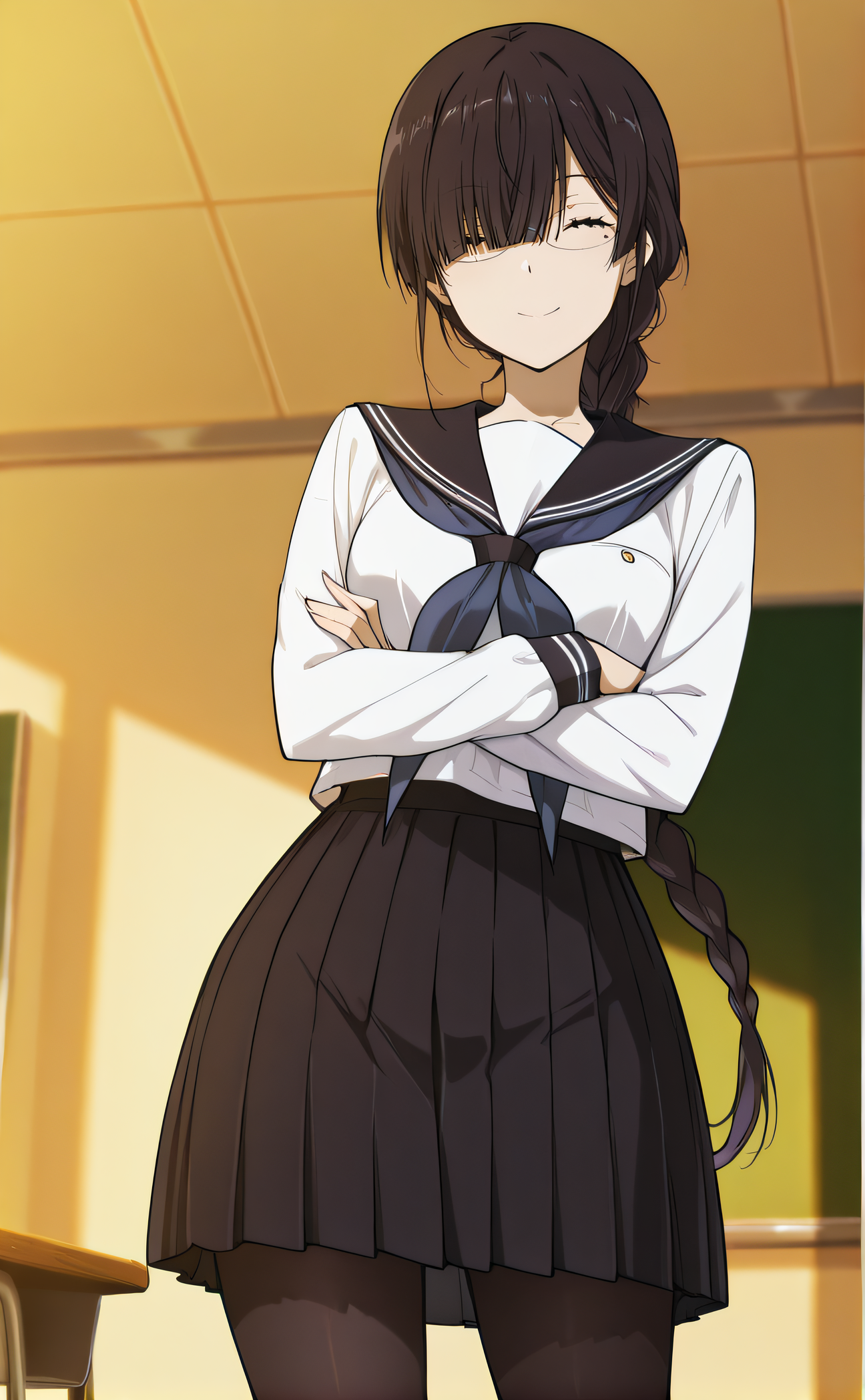 masterpiece, best quality, highres, newest, 1girl, solo, official style, anime screencap, <lora:IL_Juumonji_Kaho_v2:1>, kaho, black hair, closed eyes, braid, glasses, sidelocks, bangs, hair over one eye, mole under eye, serafuku, cowboy shot, black pantyhose, pleated skirt, smile, crossed arms, indoor, classroom, five fingers:1.2, from below