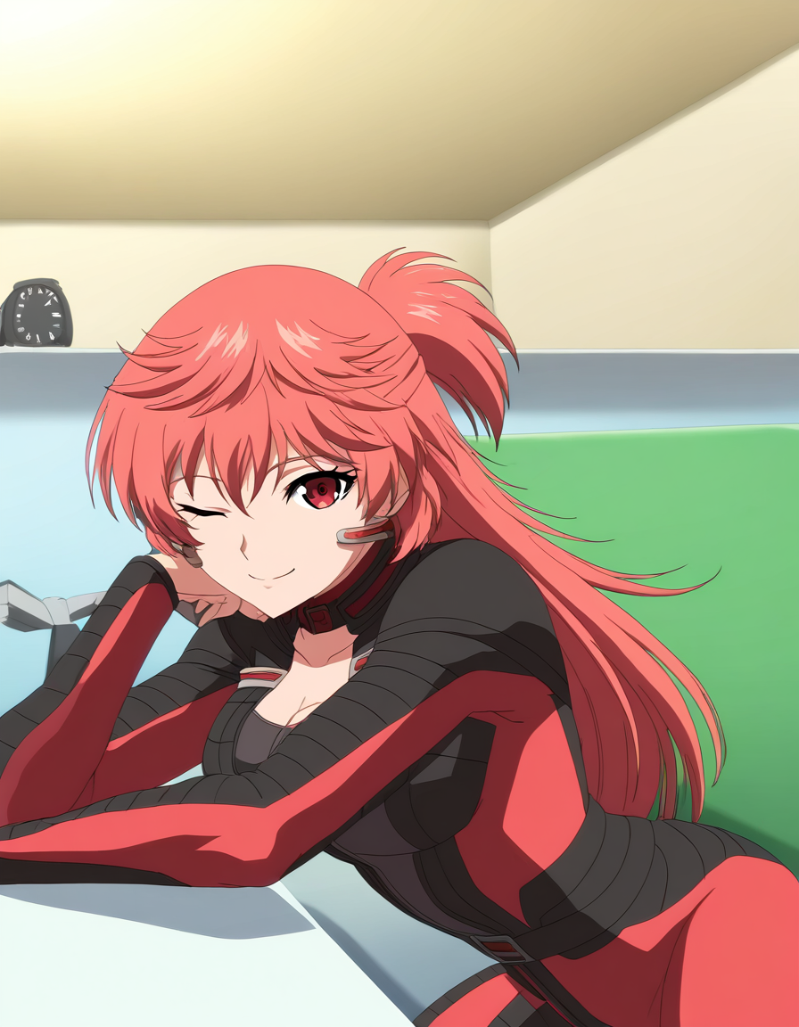 masterpiece, best quality, newest, absurdres, highres, safe,, <lora:aoi-hidaka-s1-illustriousxl-lora-nochekaiser:1>, aoi hidaka, long hair, pink hair, red hair, red eyes, ponytail, short ponytail,, bodysuit, black bodysuit, red bodysuit, cleavage,, bedroom, alarm clock, morning routine, yawning, stretching, on bed, , pov dating, restaurant, table, meal, care, cup, head rest, smile, elbow on table, food, elbow rest, looking at viewer, solo,, cowboy shot