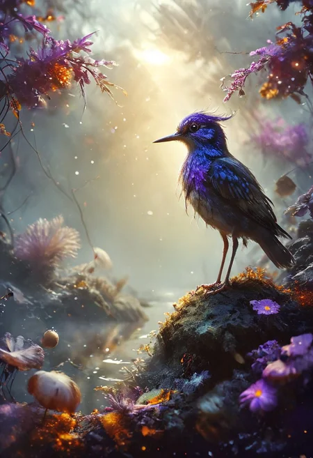 ral-apoctvisn, dark, chiaroscuro, low-key, breathtaking masterpiece showcasing a gorgeous little Violet-crowned nymph bathed in soft, golden morning light, surrounded by vibrant bokeh balls that frame its delicate form. The image will be rendered in sharp detail, capturing every feather and intricate feature of the bird with stunning clarity. The soft, diffused lighting will enhance the warmth and radiance of its plumage, while high-quality bokeh adds a magical touch to the scene. Multiple image exposures will be expertly combined to emphasize the bird's vibrant colors and captivating gaze, resulting in a lifelike portrayal of tranquil beauty.
The artwork will feature shimmering digital colors in a mixed media style on textured paper, creating an overlapping, asymmetrical, abstract composition bursting with vibrant hues. Every inch of the image will be filled with intricate details, from the feathers of the nymph to the surrounding environment, all depicted in extreme detail. The wide range of colors will add depth and richness to the scene, with soft shadows and low saturation tones creating a serene yet evocative atmosphere.
With insane quality, resolution, and details, the final image will be a true masterpiece of nature photography, showcasing dramatic, dynamic, and cinematic elements. The sharp details will bring the scene to life, immersing viewers in the beauty and wonder of the Violet-crowned nymph in a way that is both breathtaking and captivating.