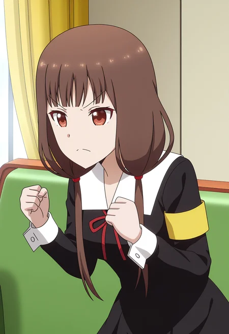 <lora:Iino Miko_illustrious-000010:1>,
Iino Miko, school uniform, solo, dress, couch, long sleeves, black dress, closed mouth, armband, red ribbon, clenched hands, ribbon, indoors, hands up, curtains, frown, v-shaped eyebrows, on couch, neck ribbon, anime screencap