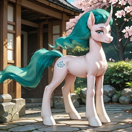 safe_pos, score_9, score_8_up, score_7_up, score_6_up, score_5_up, score_4_up, Mistmane, my little pony, feral, full body, nude, standing in half turn, expressive eyes, looking at the viewer, outdoors, Japanese garden, flowers, sakura, ((counterlight)), backlight, soft light, soft shadows, morning, d3t41l3d, Expressiveh BadDream, 4k,8k,Ultra HD,Masterpiece,Best quality,Detailed),Detailed background,