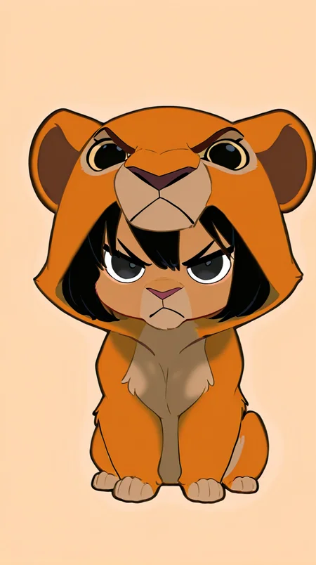 masterpiece, best quality, very aesthetic, absurdres, safe, 1girl, solo, lioness hood pajama, short black hair, black eyes, chibi, ultra-cute, angry, pat, simple background.
<lora:Lioness_Like_Lions_ill_FINAL_FINAL2:1>,âââ
