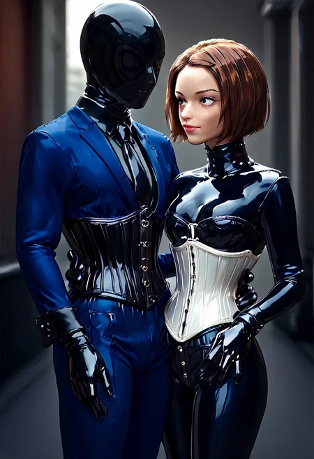 1boy, gun, brown hair, short hair, blue suit, black necktie, grey blue pants, hand_on_another's_waist, hand on another's waist, 1girl, DroneFace, glossy, no hair, Latex body,  shiny, black bodysuit, Corset, latex leggings, latex gloves, gun. CRRB