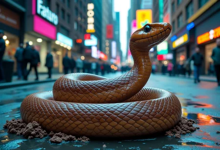 An brown snake tightly coiled and squat to resemble a piece of coiled dog poop. There is a sign above it that says "SNAKES ARE POOP" the highest quality detail, New York City street, hyper realistic, detailed city background, wet streets, cool lighting with natural blue hue, UHD 8k, angry