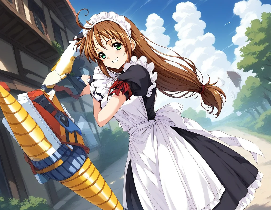 score_9, score_8_up, score_7_up, source_anime, rating_explicit, BREAK <lora:Spiral_Nami_Ver2.0_XL:1> Spiral_Nami_drill, brown hair, green eyes, maid headdress, ahoge, low-tied long hair, maid, medium breasts,
smile.
outdoor, sky, spark,