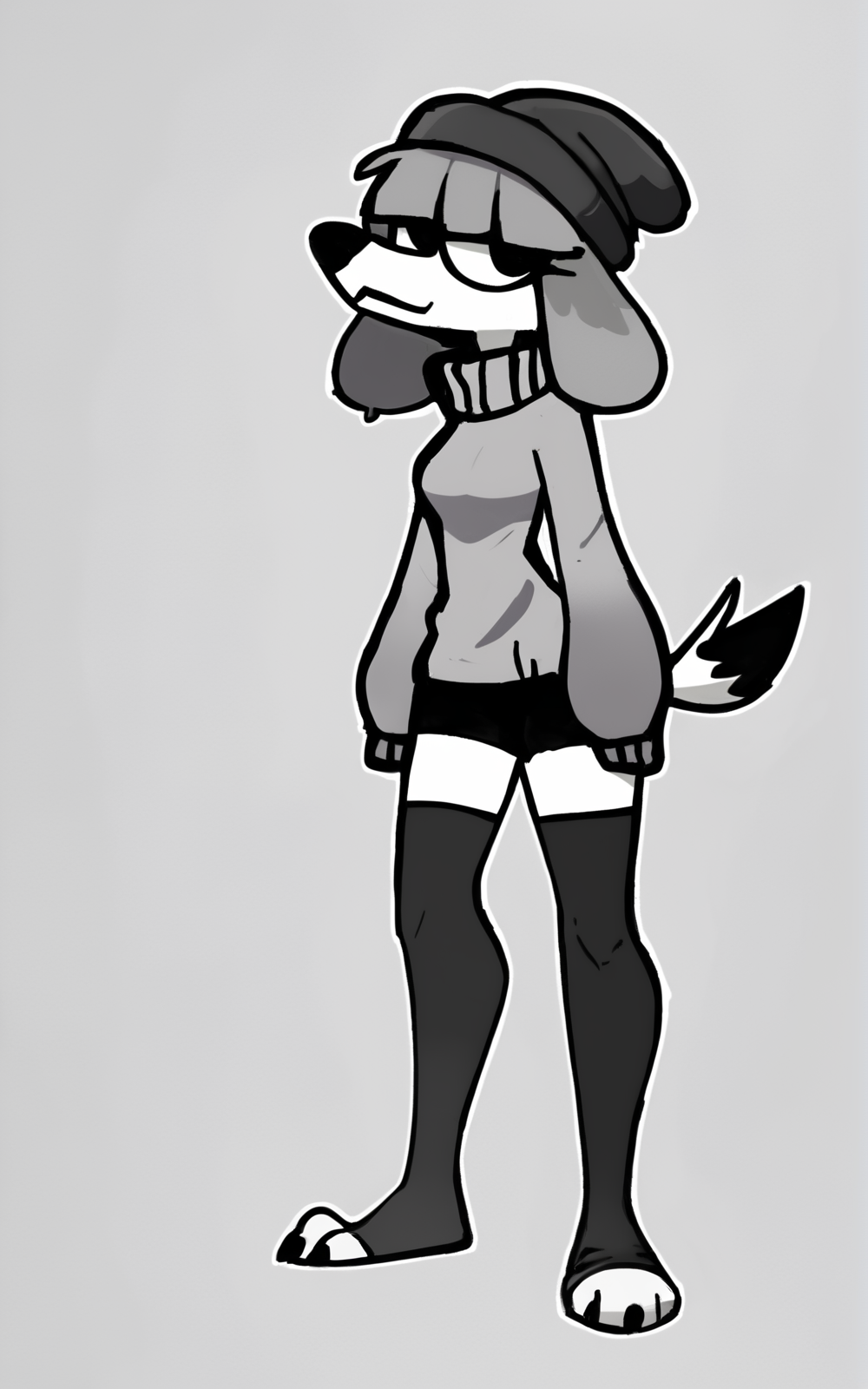 score_9, score_8_up, score_7_up,((best quality)), absurdres,((full body)),<lora:3d-2d:0.8>, <lora:FifiSDXL:0.8>,FifiSDXL,tail, dog girl, dog tail,furry, furry female,white skin, white fur,grey hair,beanie ,sweater,grey sweater,black shorts,black beanie,socks, black socks, toeless socks,white background,standing,slim ,thighhighs,solo,