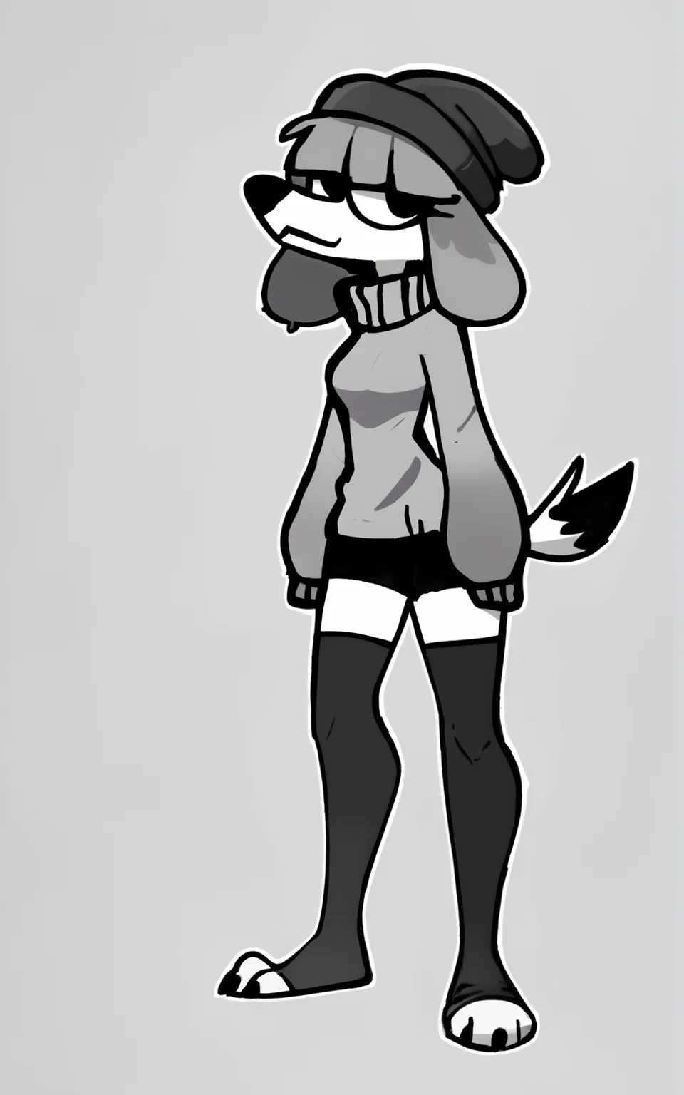 score_9, score_8_up, score_7_up,((best quality)), absurdres,((full body)),<lora:3d-2d:0.8>, <lora:FifiSDXL:0.8>,FifiSDXL,tail, dog girl, dog tail,furry, furry female,white skin, white fur,grey hair,beanie ,sweater,grey sweater,black shorts,black beanie,socks, black socks, toeless socks,white background,standing,slim ,thighhighs,solo,
