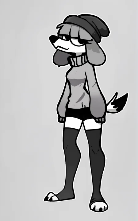 score_9, score_8_up, score_7_up,((best quality)), absurdres,((full body)),<lora:3d-2d:0.8>, <lora:FifiSDXL:0.8>,FifiSDXL,tail, dog girl, dog tail,furry, furry female,white skin, white fur,grey hair,beanie ,sweater,grey sweater,black shorts,black beanie,socks, black socks, toeless socks,white background,standing,slim ,thighhighs,solo,