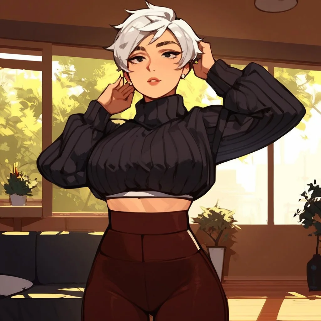 score_9,score_8_up,score_7_up,(masterpiece), best quality, expressive eyes, amazing quality, solo, 1girl, Tomboy, Slim waist, White hair, Short hair, sweater, black eyes, bra, large breasts, yoga pants, standing, Bedroom,