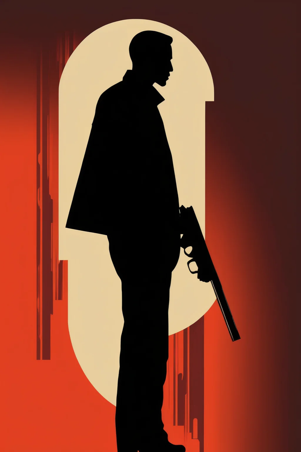 <lora:Olly Moss Style:1>Olly Moss Style - silhouette of man holding gun in saul bass style sideview all black