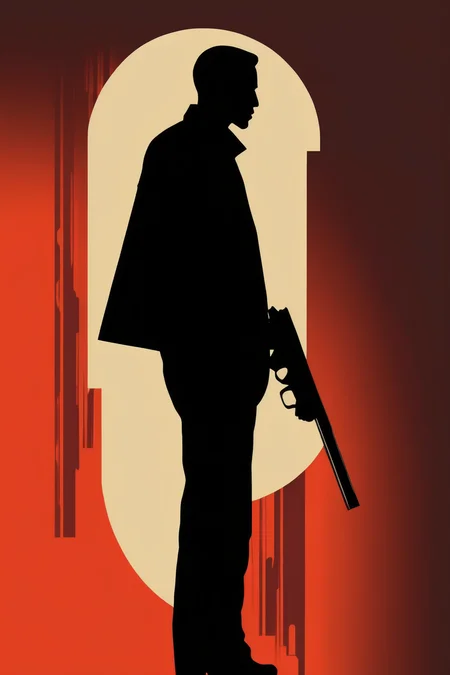 <lora:Olly Moss Style:1>Olly Moss Style - silhouette of man holding gun in saul bass style sideview all black