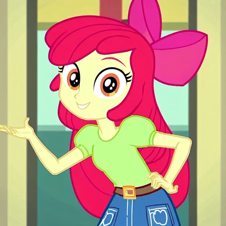 score_9, score_8_up, score_7_up, source_anime, prefect lighting, very aesthetic, intricate details, highly detailed background, high quality, perfect hands, best quality, 1girl, solo, my little pony, equestria girls, female child,apple bloom, yellow skin, red hair, long hair, large pink bow, neon green shirt, puffy sleeves, brown belt, blue denim pants, orange boots, standing, school hallway, hand on hip, looking at viewer, smile,