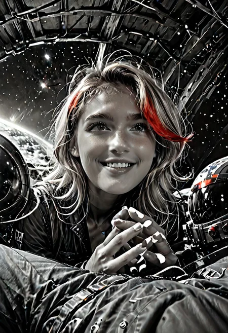 Score_9, score_8_up, Score_7_up, Realistic, cinematic shot, selective color, monochrome background, 4k, Gadget, 
((Girl surrounded by aliens, non-humanoid alien species, alien animals, standing, arms crossed, correct hand anatomy, scared, wide eyes,))
blonde, grayscale with red highlights, partial nudity, 18yo, smile, perfect face, stunning, breathtaking face, detailed face, perfect teeth, expressive eyes, extremely cute, medium boobs, easynegative, ALRGFC, alluring face, sexy, hetero, flushed, red cheeks on top,
Stable_Yogis_PDXL_Positives, CyberRealisticPony_POSV1