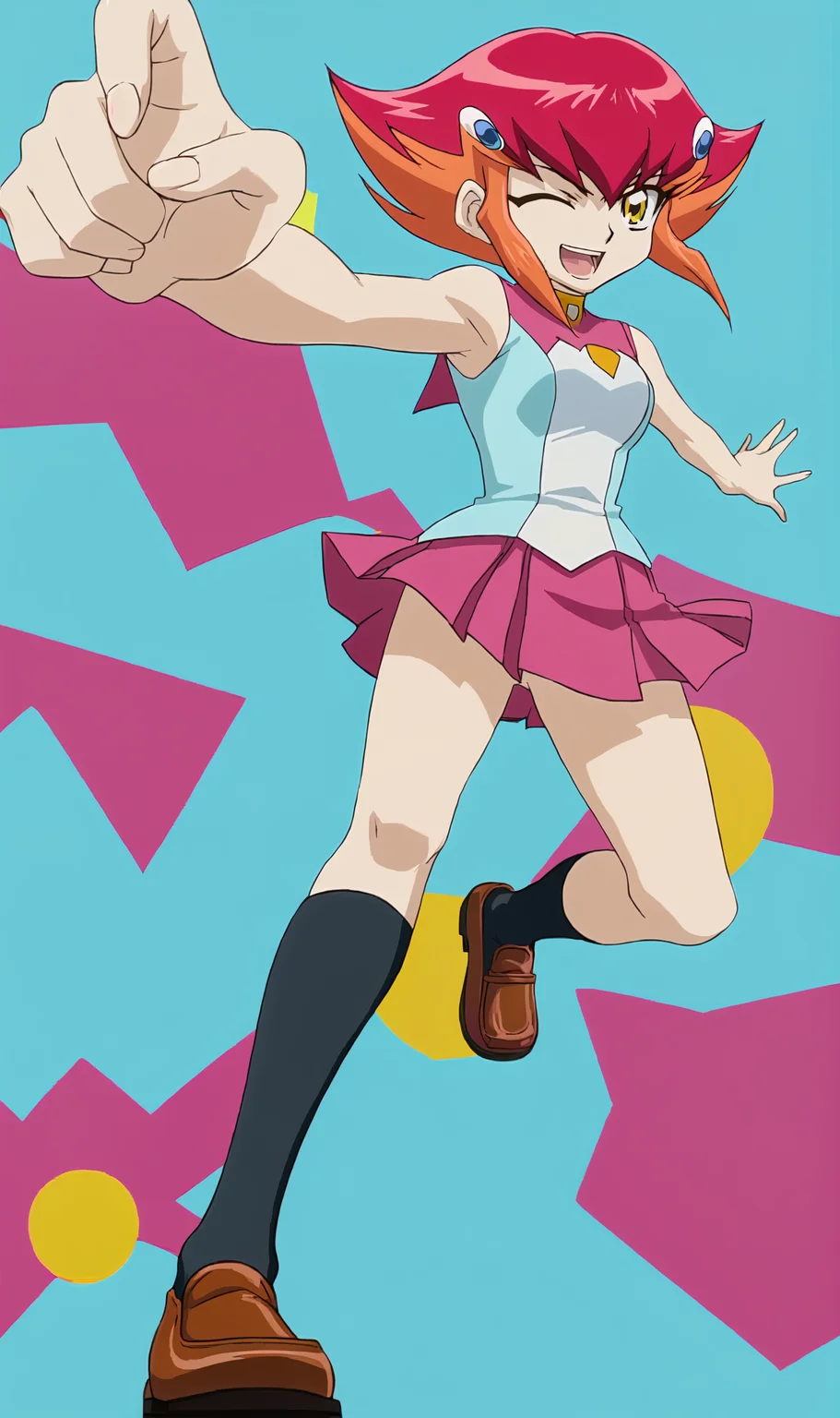 AK, 1girl, solo, multicolored hair, hair ornament, yellow eyes, school uniform, pink skirt, black socks, loafers, full body, wink, knee up, standing on one foot, looking at viewer, mouth open, blue background, simple background, <lora:Anna Kaboom Pony XL:1>