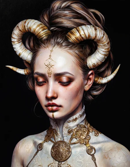 By Laura H. Rubin. A highly detailed, hyperrealistic digital painting depicting a female figure with an ethereal, otherworldly appearance. The subject is a young woman with pale skin, prominent freckles, and striking red lipstick, which contrasts vividly against her otherwise neutral makeup. Her eyes are closed, and she has an enigmatic, serene expression. Her hair is elaborately styled into a high, intricately coiled bun adorned with what appears to be gold and white decorative elements, including spirals and swirls that mimic the shape of large, curved horns.
The woman is dressed in an ornate, high-collared garment with a textured, almost fabric-like surface that features intricate, swirling patterns and gold accents. The collar is adorned with a circular medallion that bears a complex, symmetrical design. The background is a deep, dark black, which emphasizes the intricate details and textures of the subject's clothing and accessories. The overall style of the painting is highly realistic, with a focus on the textures and details of the subject's clothing and hair, creating a surreal and almost dreamlike atmosphere. The painting's color palette is predominantly neutral, with hints of gold and red that add a touch of vibrancy to the otherwise muted tones. <lora:Laura_H._Rubin_II:0.8>