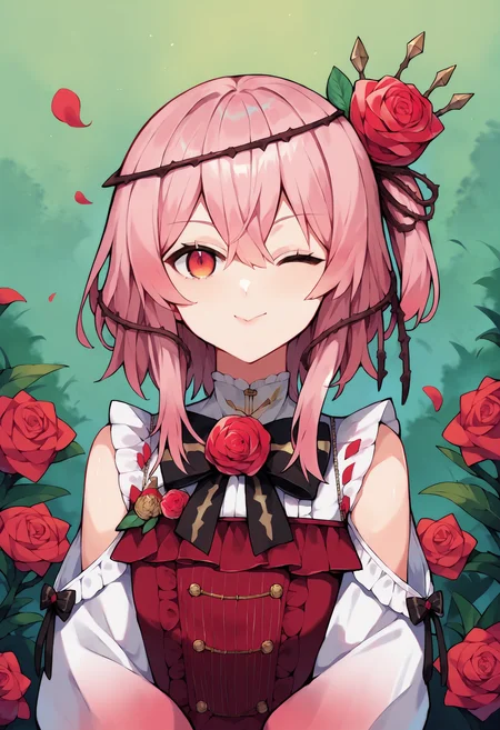 score_9, score_8_up, score_7_up, uncensored, source_anime, 1girl, <lora:sprosemiLovelockXLPony:1> rosemi1st, red rose, hair flower, thorns, shoulder cutout, red dress, black bow, white sleeves, gradient sleeves, green pantyhose, upper body, wink, looking at viewer, scenario