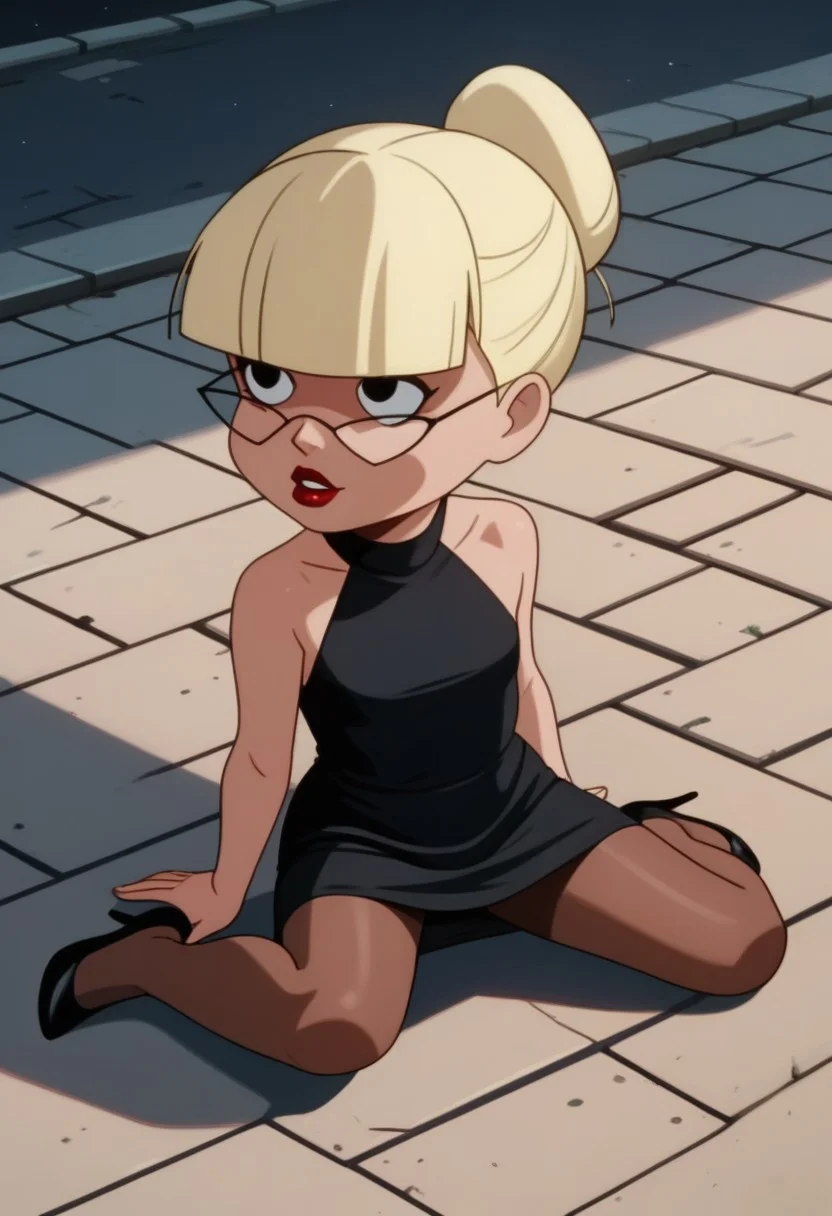 score_9, score_8_up, score_7_up, score_6_up, score_5_up, Mary_Dahl_Mature, blonde hair, blunt bangs, single hair bun, hair bun, black eyes, 1girl, solo, eyeshadow, (chibi, short, very short:0.5), black dress, bare shoulders, high heels, pantyhose, lipstick, full body, detailed background, outdoors, street, night, neolight, on floor, sitting, leaning back, looking up, from above, messy hair,  crooked glasses, parted lips