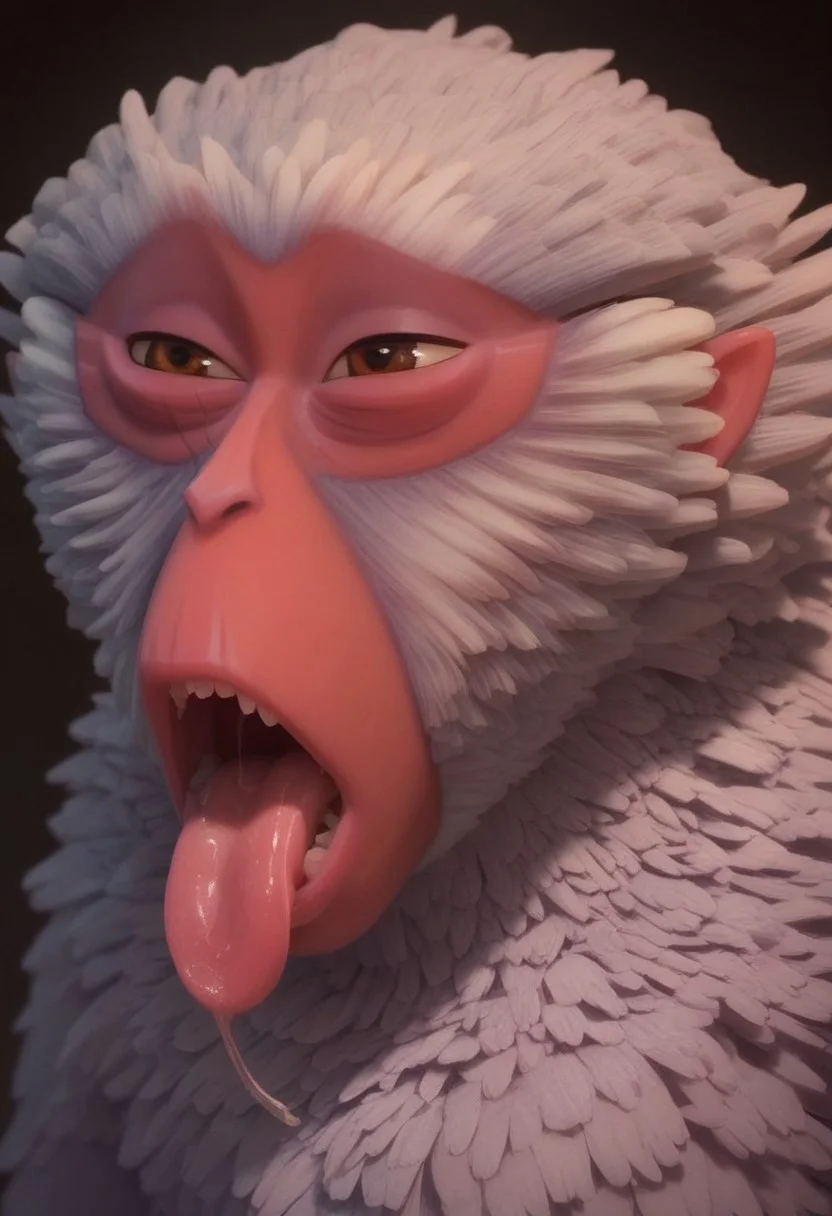 1girl, furry, female japanese macaque, ape, primate girl, anthro, white fur, dark pink skin, pink ears, brown eyes, grey hands, grey feet, Expressiveh, realistic, 3d, score_8_up, score_7_up, BREAK, 1girl, solo, closeup, tongue out, mouth open, horny, saliva