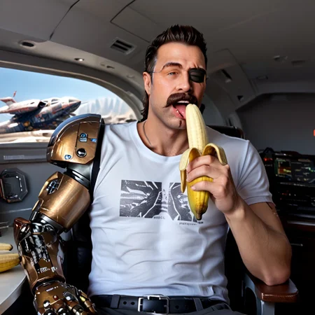 zPDXL2, score_7_up, score_8_up, solo male, realistic, nsfw,
BREAK,
Apexfuse sitting, mustache, (single mechanical arm, mature male, eyepatch:1.1), scar on face, t-shirt, bedroom eyes, eating banana, bedroom eyes, (licking:1.15), suggestive,
detailed setting, indoors, spaceship pod, science fiction,