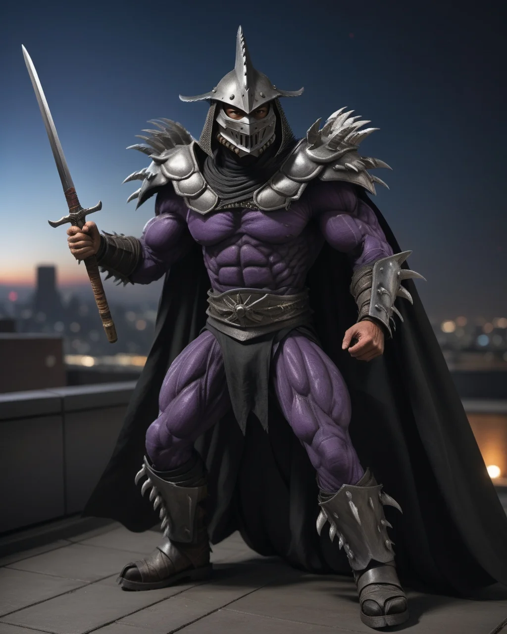 cinematic, (on a city rooftop, at night, bokeh, realistic lighting, ray tracing, bloom), ((full body shot)), a highres RAW photo of a TMNTSuperShredder 1man armored samurai knight, wearing a dark purple outfit with serrated claw spike pauldrons and serrated claw gauntlets and serrated claw armored boots and serrated metal samurai helmet with mask, long black cape, holding a bishamon yari spear in one hand, <lora:TMNTSuperShredder_SDXL:0.5>, ((muscular, fitness physique)), atmospheric, ((photorealism, photorealistic:1.4)), 8k, highly detailed, intricate detail