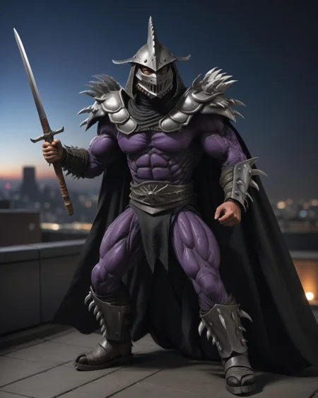 cinematic, (on a city rooftop, at night, bokeh, realistic lighting, ray tracing, bloom), ((full body shot)), a highres RAW photo of a TMNTSuperShredder 1man armored samurai knight, wearing a dark purple outfit with serrated claw spike pauldrons and serrated claw gauntlets and serrated claw armored boots and serrated metal samurai helmet with mask, long black cape, holding a bishamon yari spear in one hand, <lora:TMNTSuperShredder_SDXL:0.5>, ((muscular, fitness physique)), atmospheric, ((photorealism, photorealistic:1.4)), 8k, highly detailed, intricate detail
