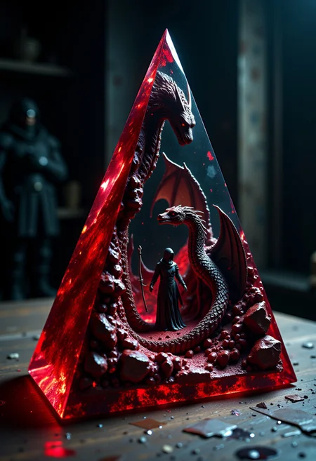 This photograph showcases a meticulously crafted, triangular glass sculpture set on a dark, textured surface, possibly a wooden table or countertop. The sculpture is forged from a single piece of glass, embodying a haunting blend of the grotesque and surreal. The glass has a murky, blood-red base with a rough, jagged texture, gradually transitioning to a deep, sinister black at the apex, as if it were absorbing the light around it.
Inside the triangular prism, a dark fantasy scene comes to life: a lone hunter, cloaked in tattered armor, faces down an ancient dragon entwined within jagged, rocky terrain. The hunter, barely visible against the shadows, holds a crossbow crafted from silver, its intricate carvings faintly glowing with runic symbols. The dragon, colossal and serpentine, has scales that reflect a sickly green hue, and it coils menacingly, with wings partially spread as though ready to strike.
At the apex of the triangle, a ruby-like gem is embedded, casting a dim, flickering red light over the hunter and dragon, amplifying the ominous tension. The dragon’s eyes seem to follow the hunter’s every move, casting long, dark shadows across the glass as if alive, trapping the scene within an endless moment of hunter versus beast.