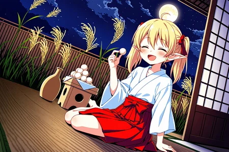 <lora:tsukimi_XL_v1:0.8> tsukimi, full moon, tsukimi dango, sanbou, night, night sky, susuki grass, outdoors
1girl, (solo:1.2), smile, ^ ^, (happy:1.2), (closed eyes:1.2), open mouth, (teeth:-1), looking away, (looking at viewer:-1),
sitting, wariza, holding sanshoku dango,
miko, japanese clothes, white kimono, (red hakama, hakama skirt:1.2),
(nontraditional miko, detached sleeves, ribbon-trimmed, hakama short skirt:-1),
elf, (skinny, petite:1.2), small breasts,
blonde hair, (twintails:1.2), (bangs:1.2), hair between eyes, sidelocks, hair ribbon, red ribbon,
(wavy hair, messy hair, hair flaps, blunt bangs, empty eyes:-1),
wooden floor, japanese house,
<lora:dmd2_sdxl_4step_lora_fp16:0.7>
masterpiece, best quality, very aesthetic, absurdres,