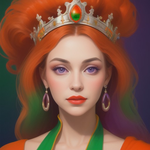 Portrait of a beautiful Queen.
Orange, red, green,  purple colors only.