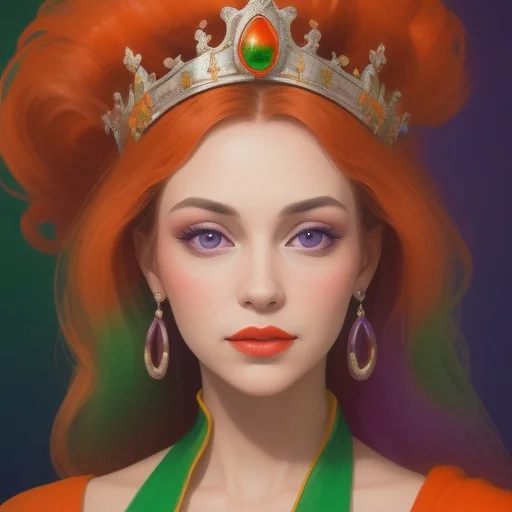 Portrait of a beautiful Queen.
Orange, red, green,  purple colors only.