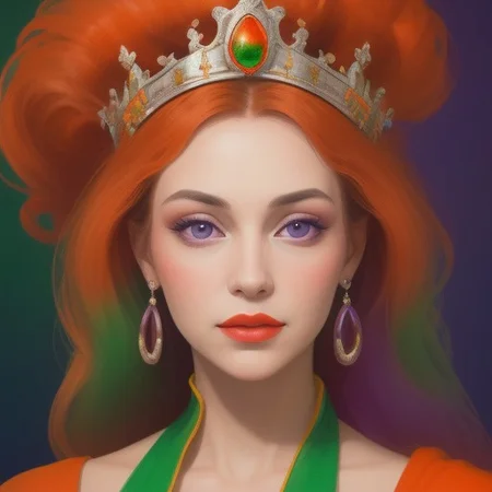 Portrait of a beautiful Queen.
Orange, red, green,  purple colors only.