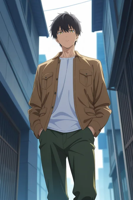 masterpiece, best quality, amazing quality, very aesthetic, high resolution, ultra-detailed, absurdres, newest, scenery, volumetric lighting, depth of field,anime screencap, , , 1boy, solo, male focus, <lora:kuro:0.89>, kuro sakuragawa,black hair,yellow eyes,short hair,looking at viewer, shirt, standing, jacket, white shirt, open clothes, pants, pocket, brown jacket, hands in pockets,from below,outdoors
