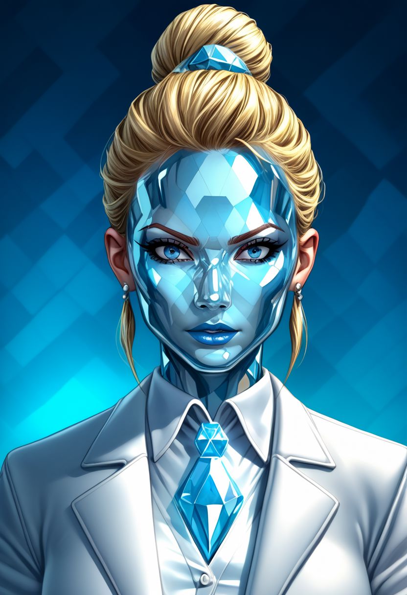 END_EMM4FR0ST, 1girl, solo, single hair bun, updo,  blonde hair, blue eyes, jewelry, upper body, earrings, lips, blue lips, diamond skin, colored skin, glass skin, white jacket, collared shirt, white shirt, formal shirt, source_newest, source_cartoon, portrait BREAK PonyXLV6_Scores