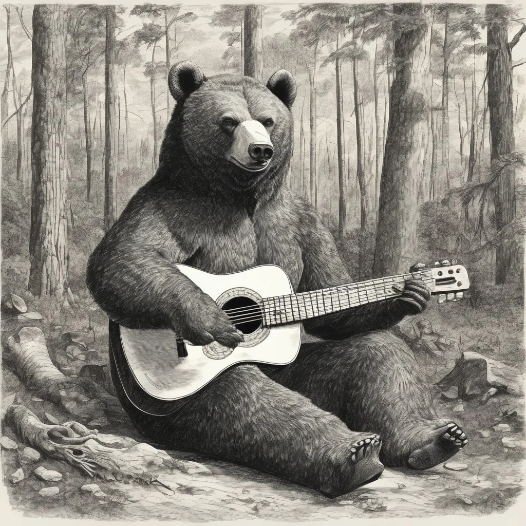 evang, retro A bear playing guitar sitting in the woods