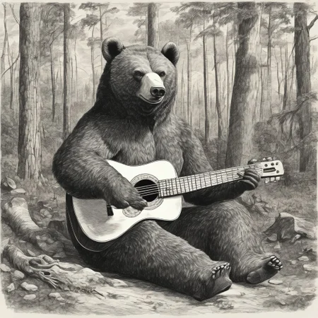 evang, retro A bear playing guitar sitting in the woods