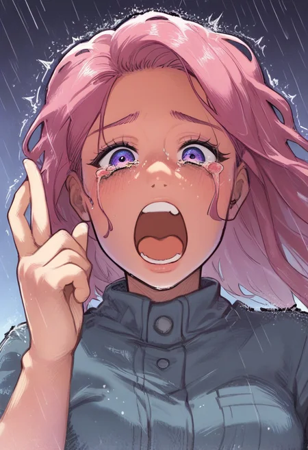 score_8_up, score_7_up, score_6_up, score_5_up, ((adult, cinematic: 1,2, dark theme, from below), dramatic lighting, 1girl, tanlines, wavy bang, cotton vest, blue shirt with twitter icon, cotton pants, grass, violet field, (despair, crying, screaming, muryokusho, rain outside), light pink blue green, (masterpiece))