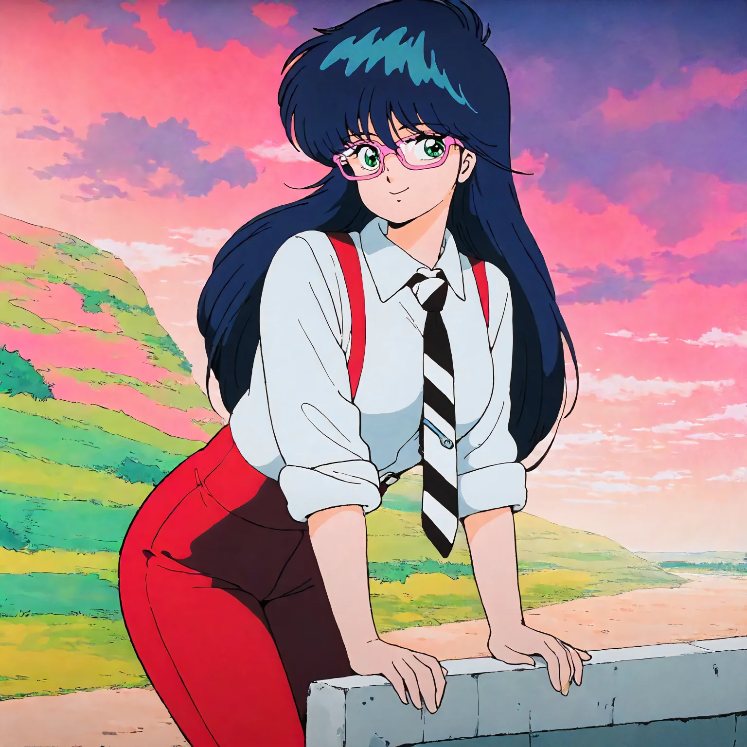 <lora:KOR_MadokaAyukawaXLIllustrious002>,
masterpiece,best quality,good quality,newest,
outdoors,
smile,
looking at viewer,
solo,
MadokaAyukawa,1girl,blue hair,long hair,green eyes,
breasts,
pink frame glasses,collared_shirt,horizontal stripes tie,sleeves rolled up,suspender_pants,red suspender,red pants,
standing,