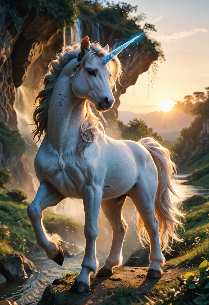 score_9, score_8_up, score_7,score_6_up, source_anime,zPDXL, fcNeg
feral furry, closeup, unicorn, beautiful, pearlescent white fur, spiral horn, horn glowing blue, fluffy ankles, solo, rearing up, beautiful river valley, epic magical landscape, sunset, epic lighting, cinematic, depth of field, detailed background
<lora:ral-chrosc-clr-pony:0.5>, ral-chrosc-clr,
<lora:xl_more_art-full_v1:0.4>,
<lora:add-detail-xl:0.4>
<lora:aenaluck:0.8>,