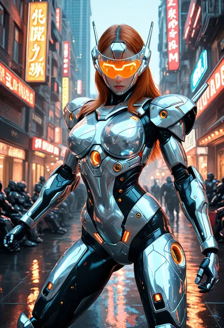 SmoothNoob_Quality, realistic, realistic textures, 1girl, mecha suits, mecha exoskeleton, augmented bodyparts, robotic bodyparts, black armor, neon silver lights, glowing visor, glowing armor, fighting stance, cityscape,
